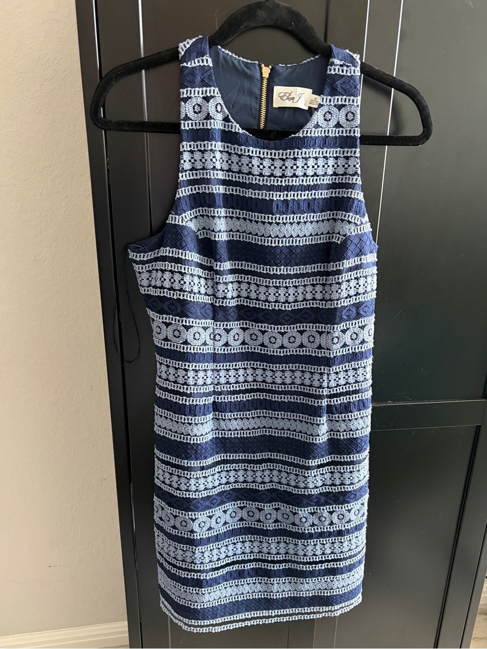 Eliza J Navy Blue Crochet Stripe Lace Sheath Dress 6P Sleeveless Gold Zip